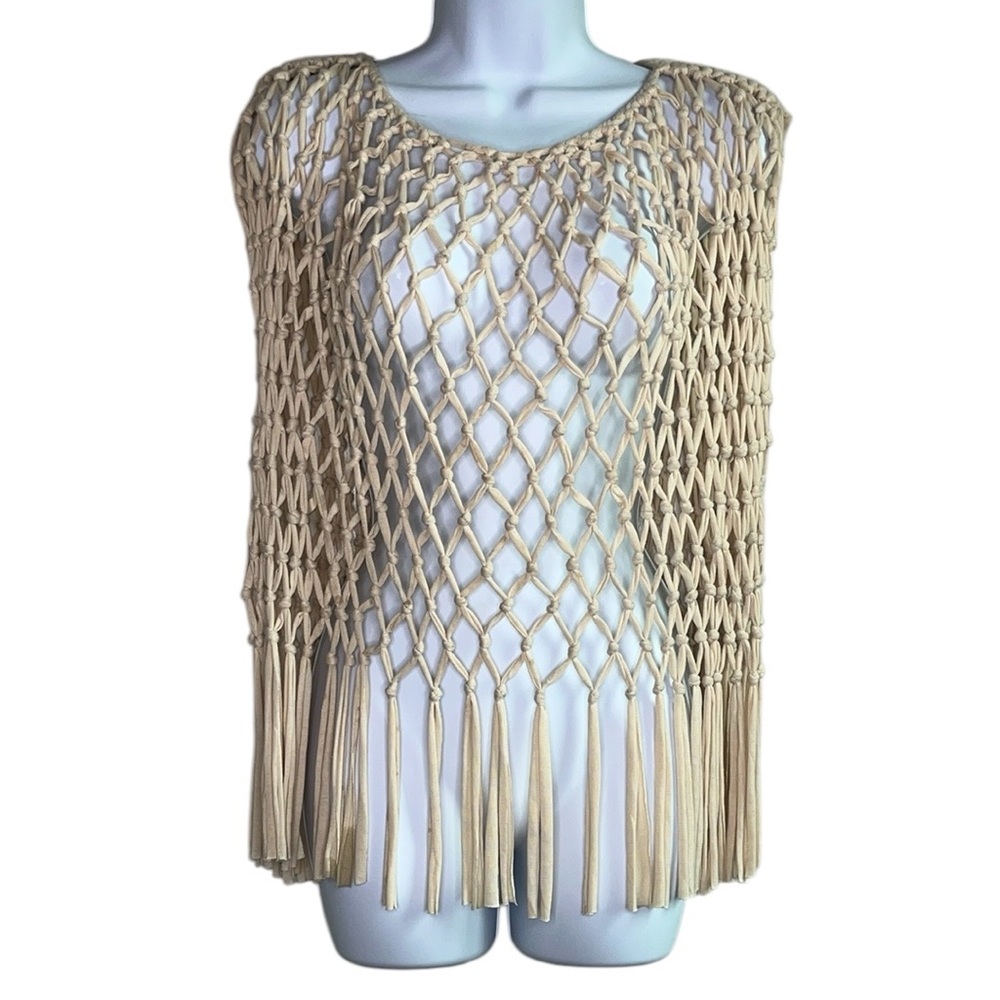 Walk With Grandam Beige Crochet Fishnet Crop Top Vest Fringe Festival Cut Out OS
